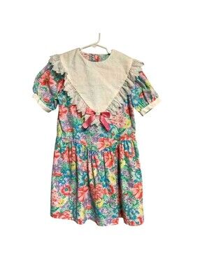 LA Touch Dress Girls 10 Multi Floral Vintage 80s Eyelet Bib Ruffle Cottagecore